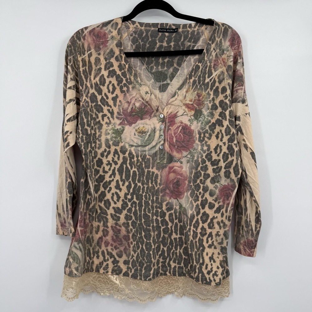 DAVID CLINE Tunic Shirt Top Womens XL Beige Animal Print Lace Henley Long Sleeve